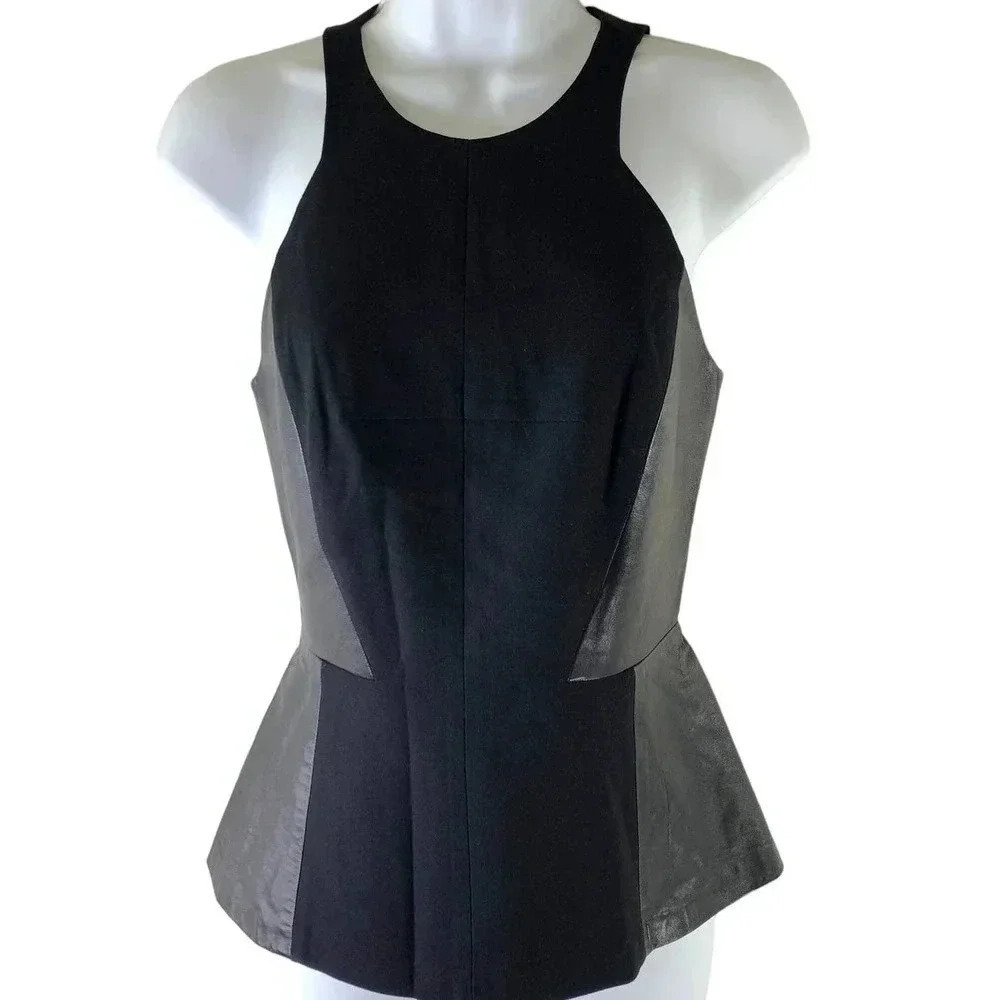 Rebecca Taylor Black 100% Leather Panelled Sleeveless Tops Size XS Peplum Blouse